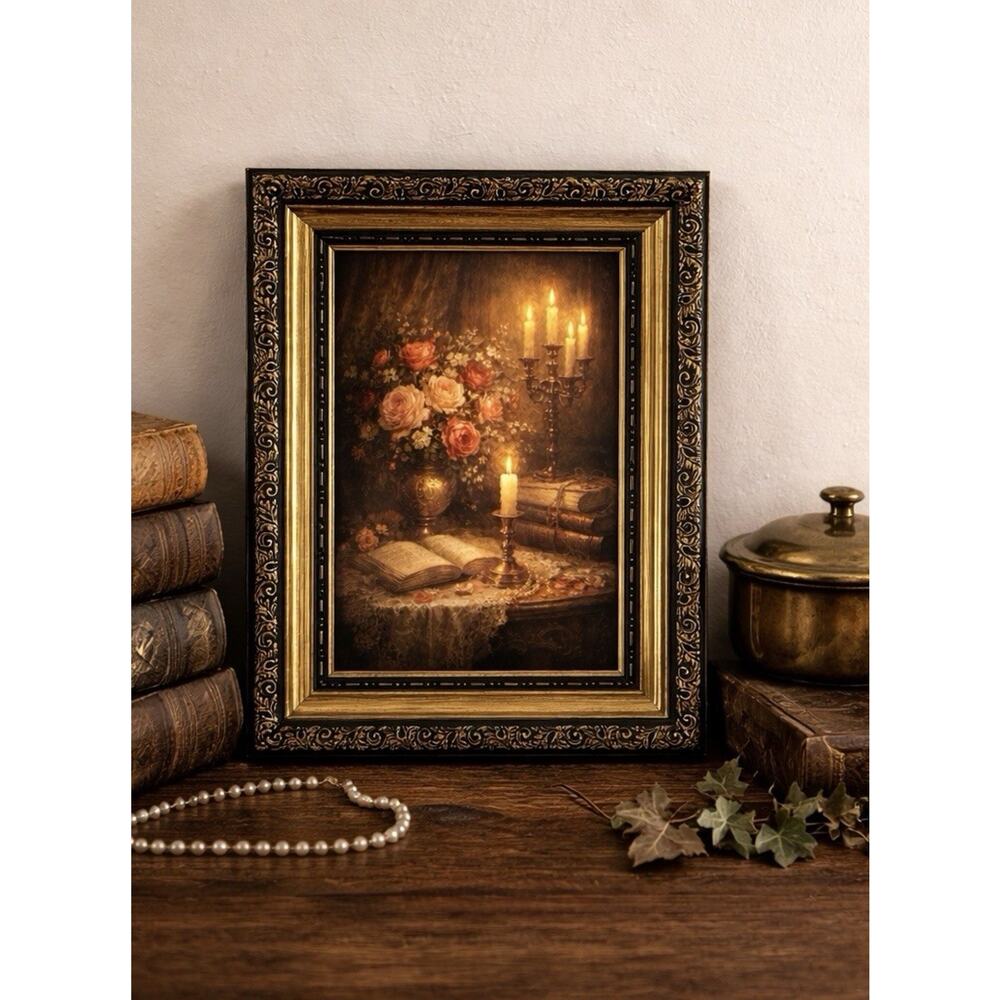Floral Still Life Print Candles Roses 5x7 Ornate Gold Black Frame 7x9 Decor - Picture 2 of 7
